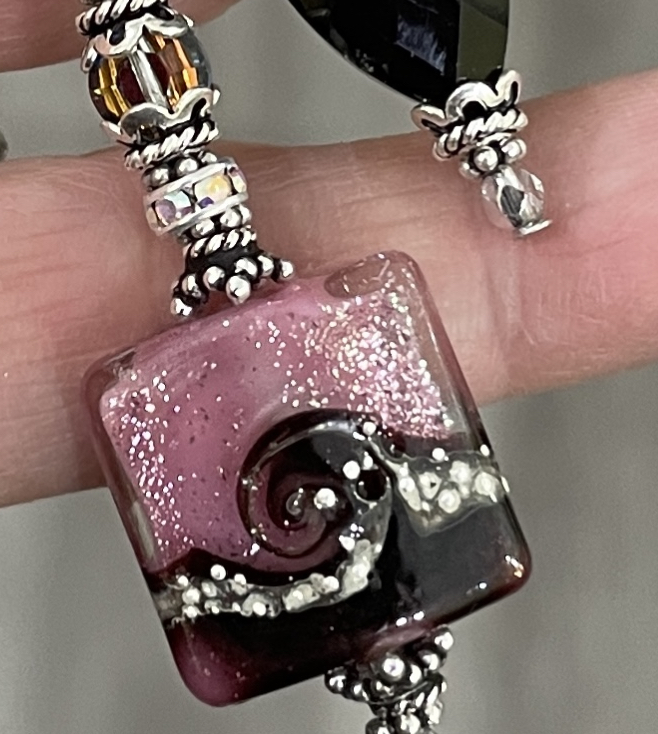 Amazing Pink & Jet Sparkle Art Glass & Vintage Crystal Necklace