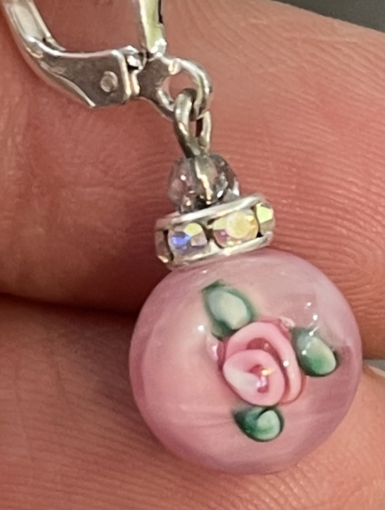Sweet Pink Flower Drop Earring-Sue Shefts, Atlanta jewelry artist, vintage Swarovski crystal, Dunwoody Art, Apple Annie, Marist