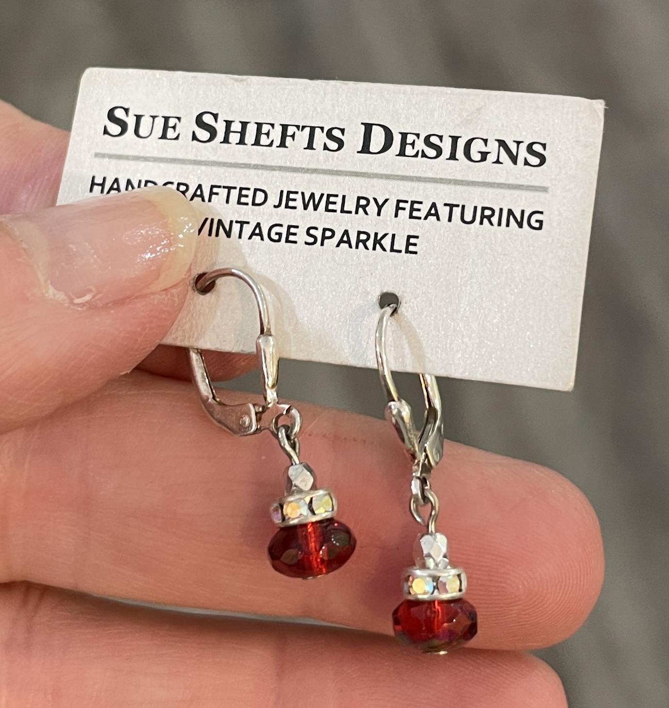 Tiny Red Crystal Earrings-Sue Shefts, Atlanta jewelry artist, vintage Swarovski crystal, Dunwoody Art, Apple Annie, Marist