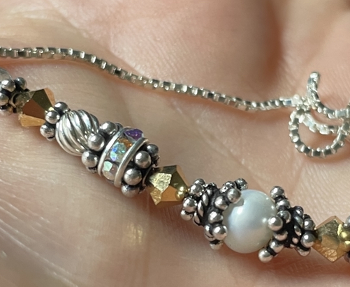 Gold, Silver & Pearl Textural Sparkle Adjustable Sterling Silver Bracelet-