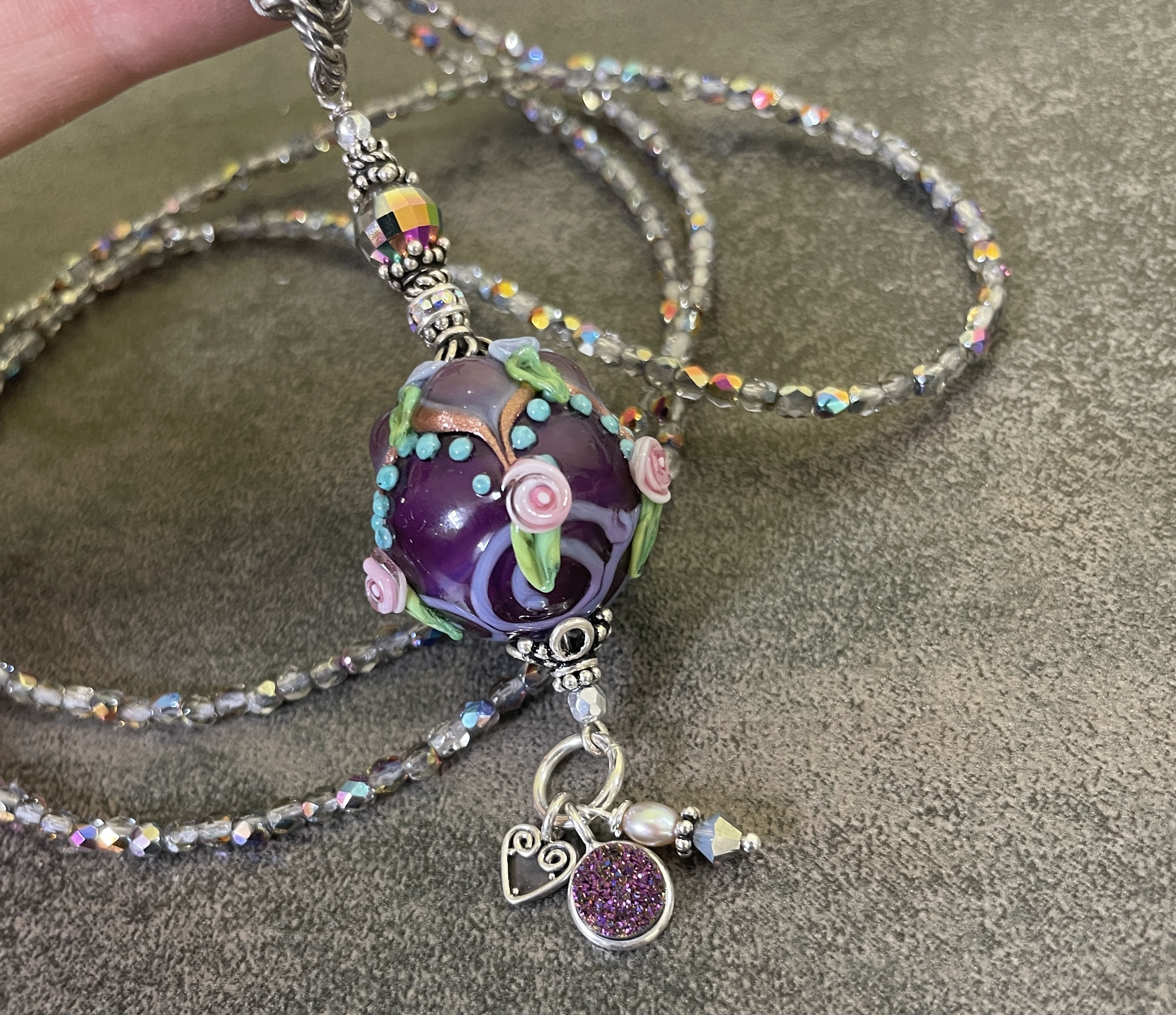 Purple Floral Romance Art Glass Necklace