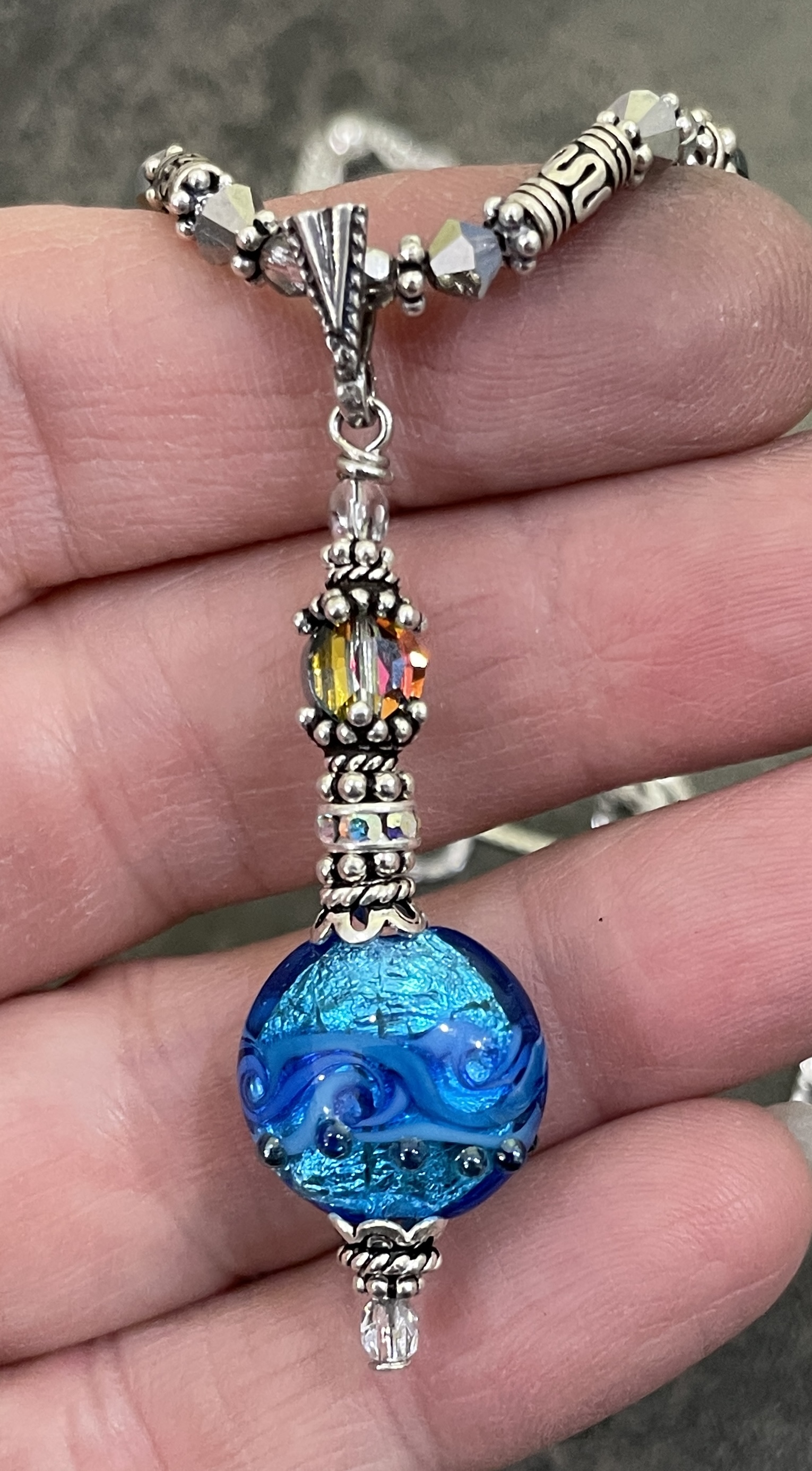 Bright Blue Sparkle Adjustable Art Glass Necklace-