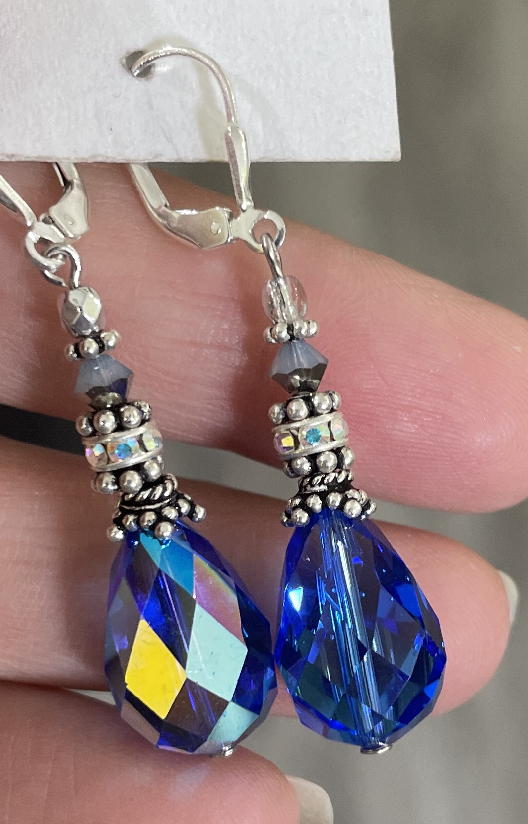 Incredible Vintage Swarovski Sapphire Blue Earrings-Sue Shefts, Sue Shefts Designs, Johns Creek, vintage Swarovski crystal, Dunwoody Art Festival, Apple