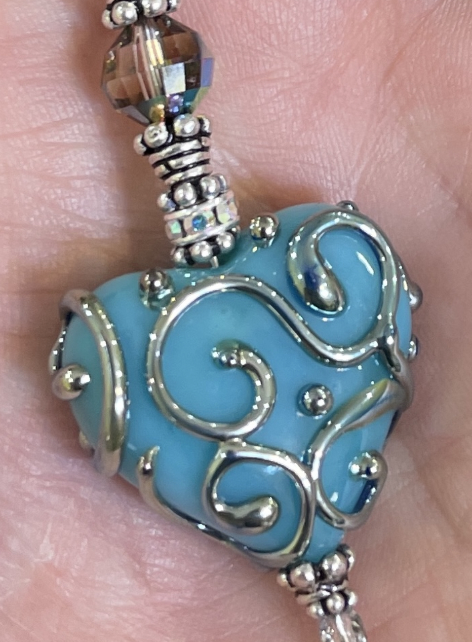 Turquoise Scrolled Artisan Glass Heart Necklace-