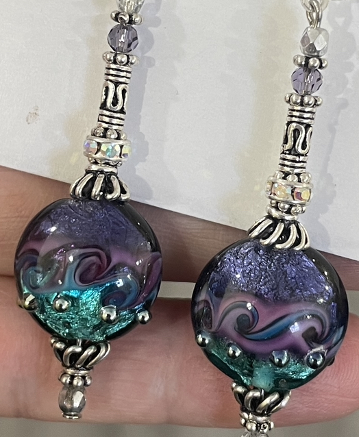 Amethyst and Aqua Stunning Art Glass Earrings-