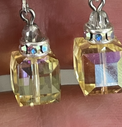 Light Yellow Sparkle Swarovski Crystal Cube Earrings-