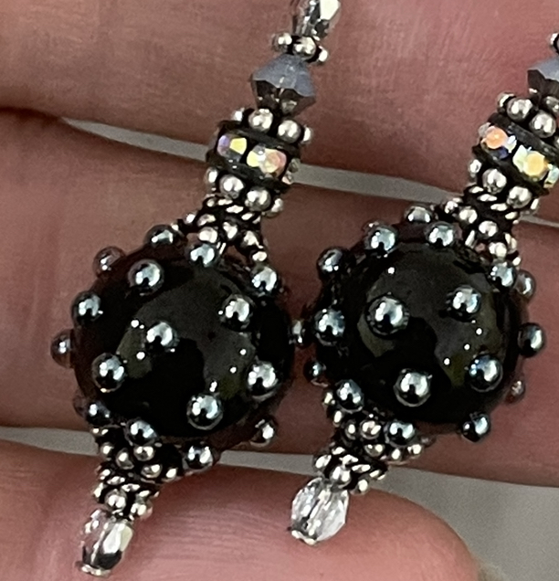 Jet Metallic Sparkle Dot Art Glass Earrings-