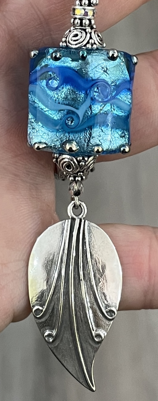 Fabulous Blue Foiled Glass Botanical Adjustable Art Glass Necklace-