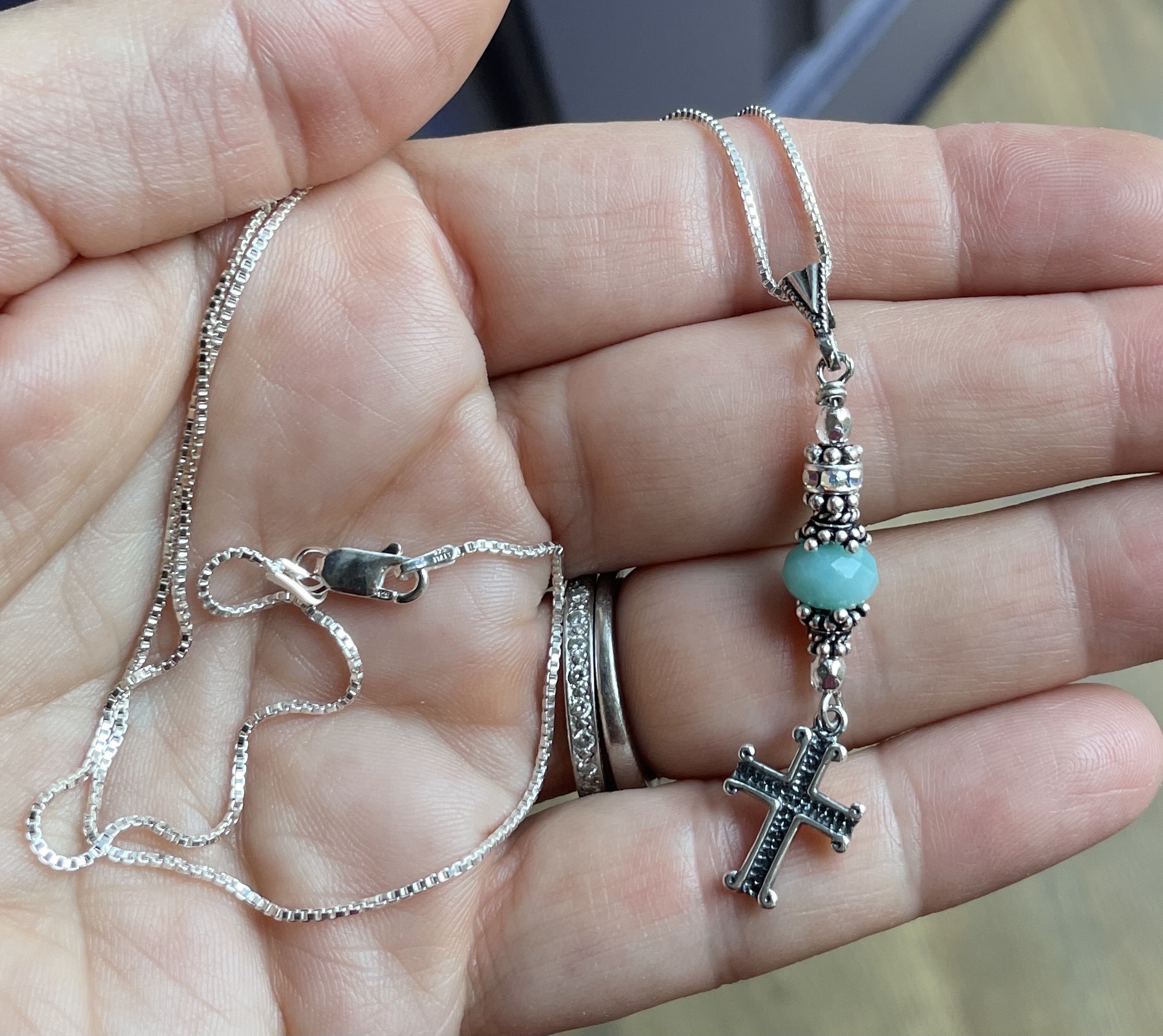 Old Sterling Silver Beaded Necklace With Silver Cross
