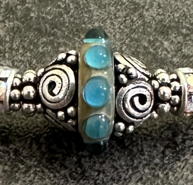 Sterling Silver and Teal Dots Art Glass Curve Bracelet-
