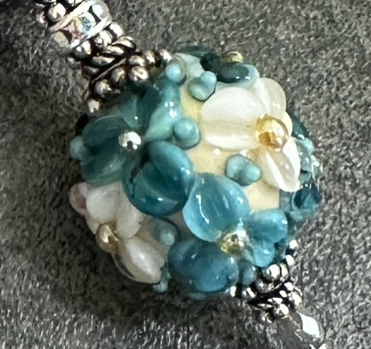 Blue & Ivory Floral Fantasy Art Glass Necklace-