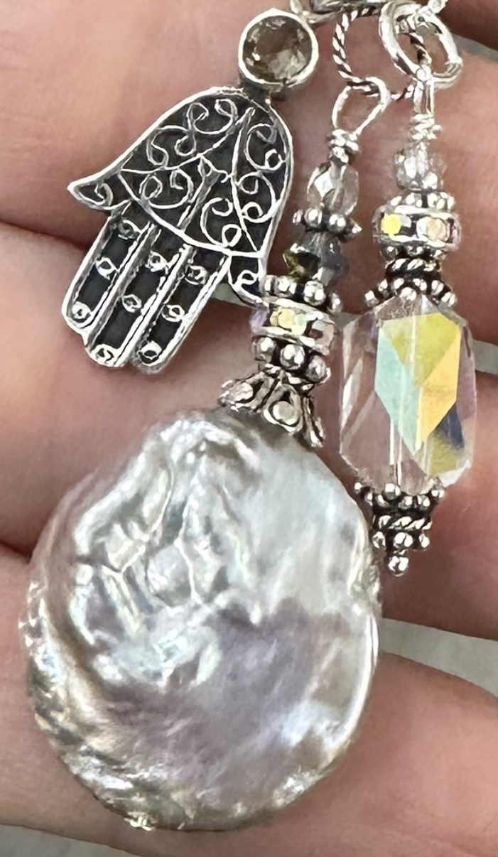 Hamsa, Shimmering Pearl and Vintage Crystal Adjustable Necklace-