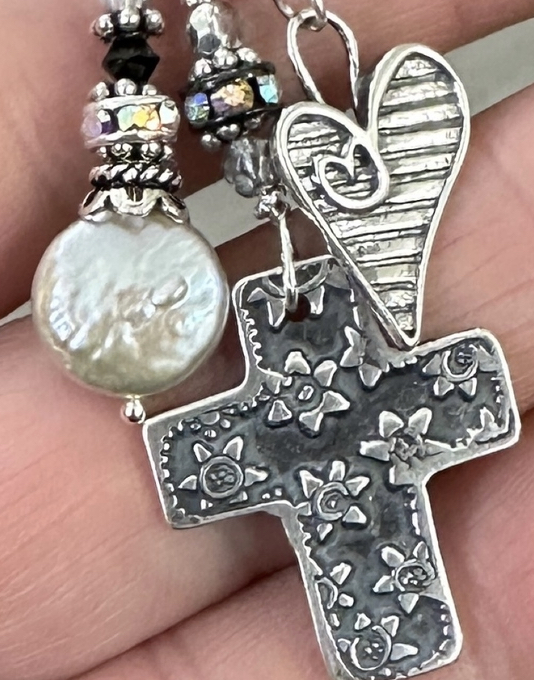 Unique Floral Stamped Cross TRIOS Adjustable Necklace-