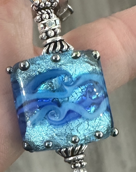 A Blue Foiled Sparkle Artisan Glass Adjustable Necklace-