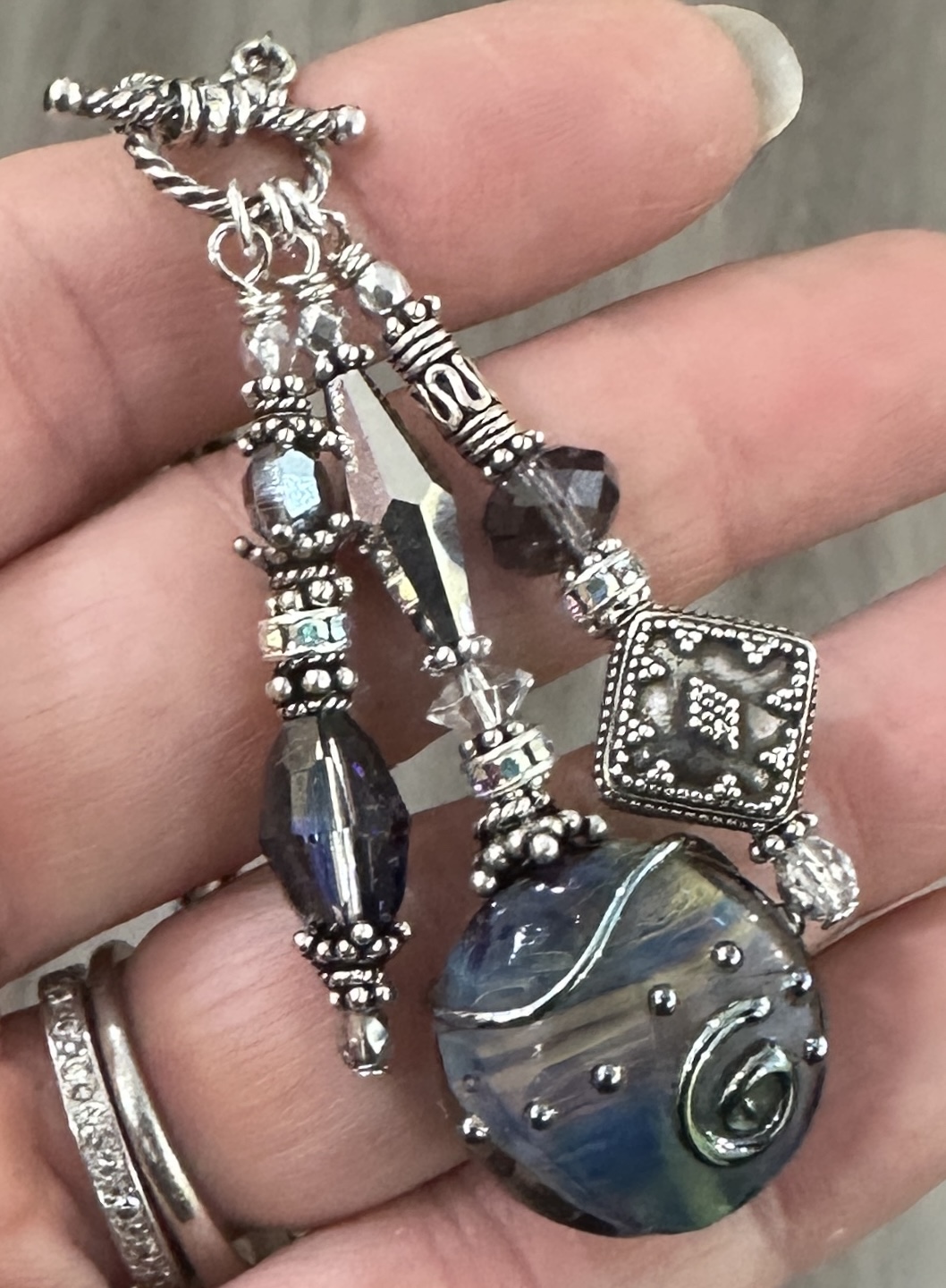 Blue Waved Swirl TRIOS Art Glass Necklace-