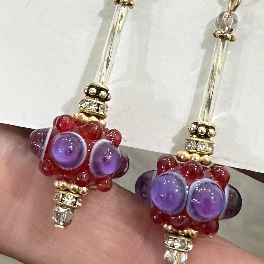 Fuchsia and Red Sparkle Art Glass Earrings-