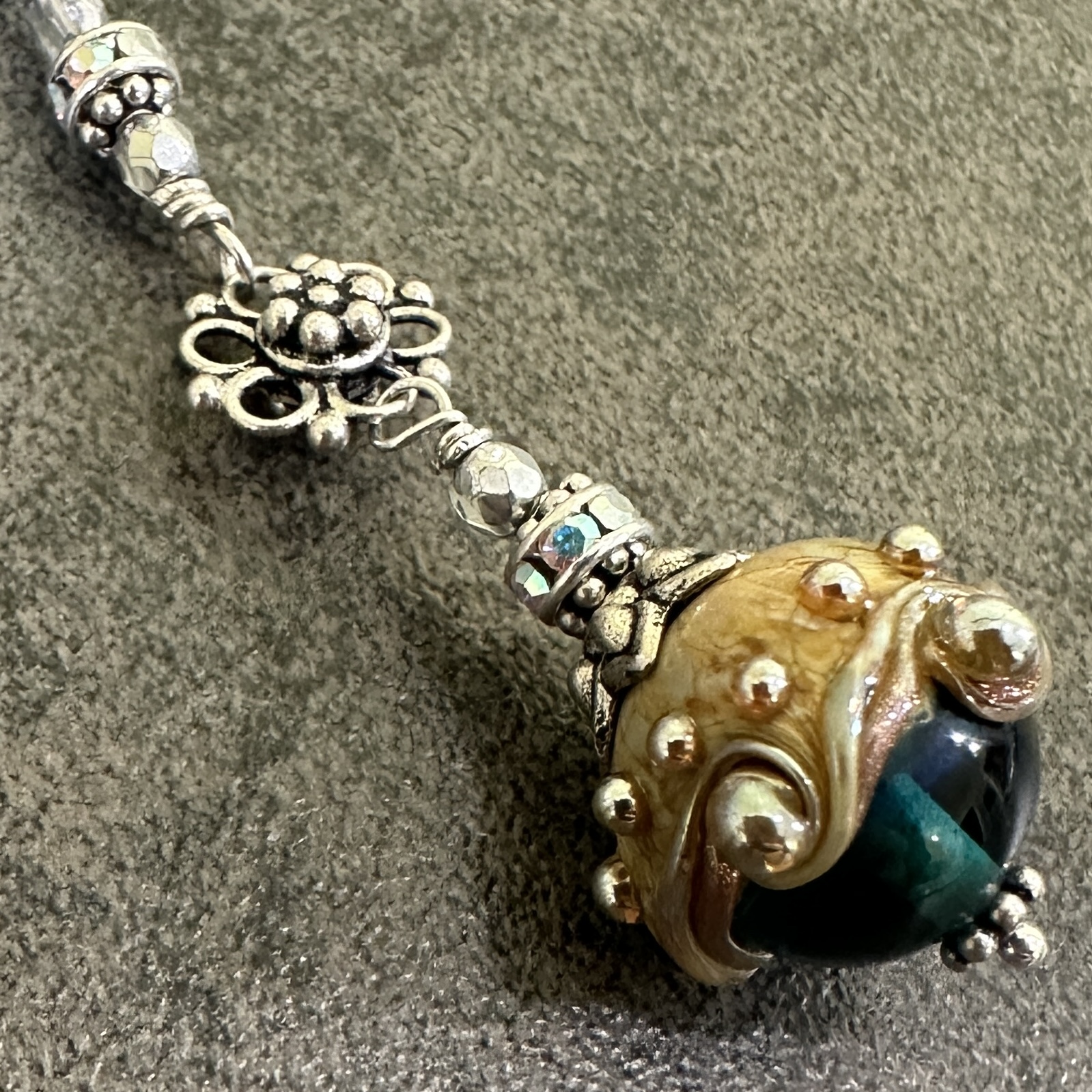 Golden Metallic Swirls with Emerald Art Glass Toggle Necklace-