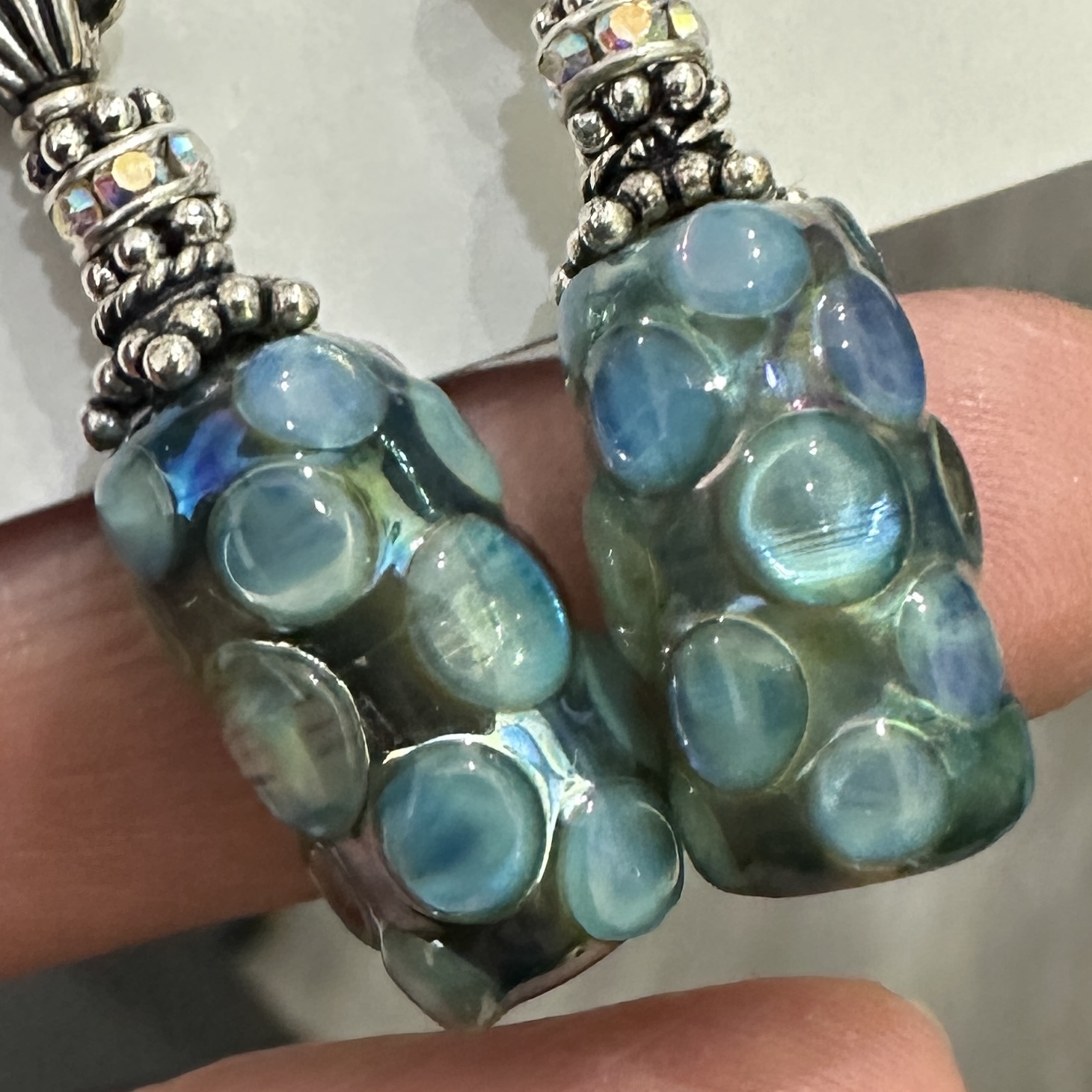 Blue Dot Silvered Tubes Art Glass Earrings-