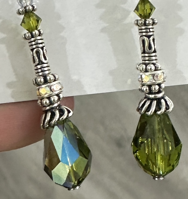 Vintage Olivine Swarovski Crystal Earrings-Sue Shefts, Atlanta jewelry artist, vintage Swarovski crystal, Dunwoody Art, Apple Annie, Marist