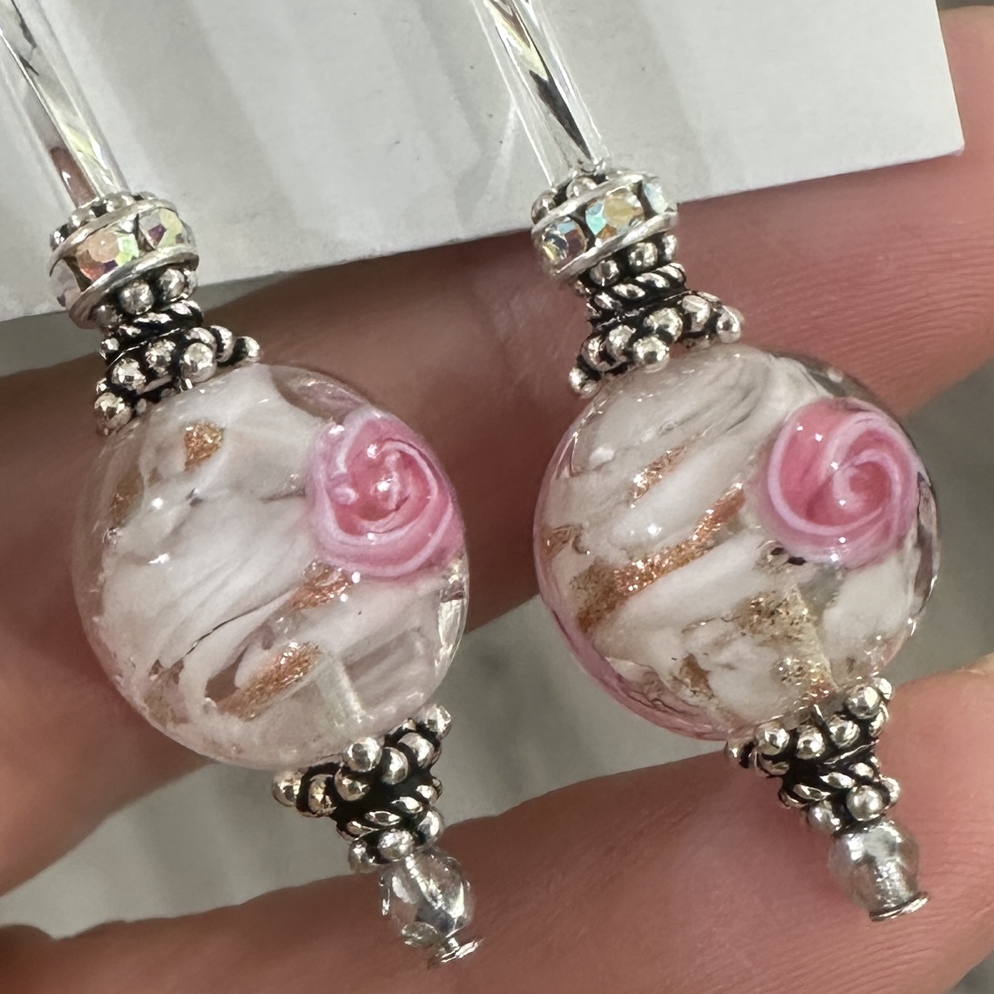 Be My Valentine Pink Roses Art Glass Earrings-