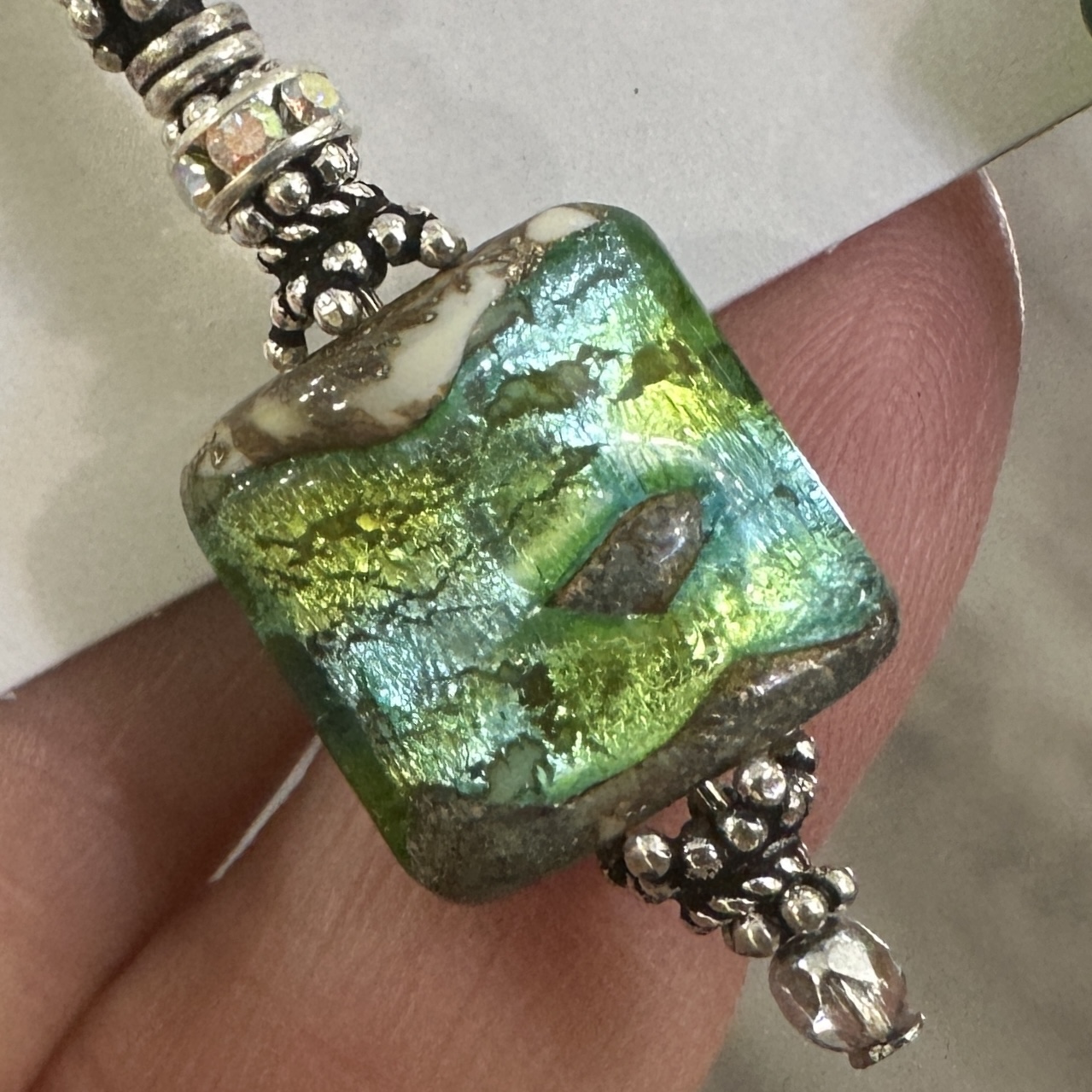 Ancient Lime Fleur de Lis Fantastic Art Glass Earrings-